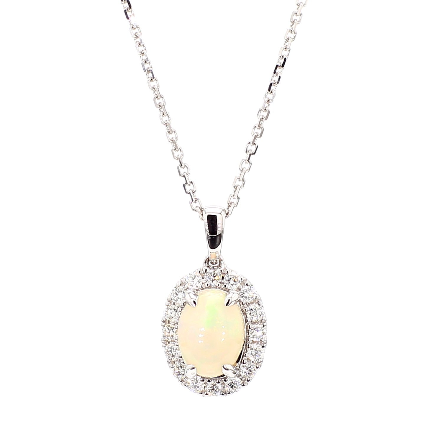 Natural Oval Opal and White Diamond 1.08 Carat TW Gold Drop Pendant