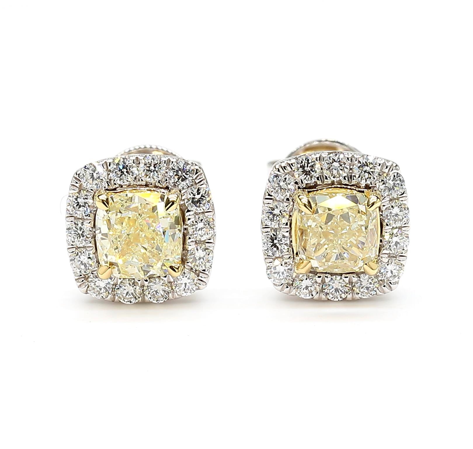 Natural Yellow Cushion Diamond 1.25 Carat TW Gold Stud Earrings