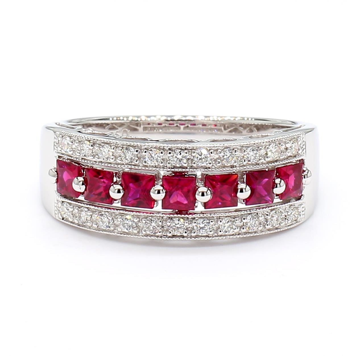 Natural Red Princess Ruby and White Diamond .96 Carat TW Gold Cocktail Band