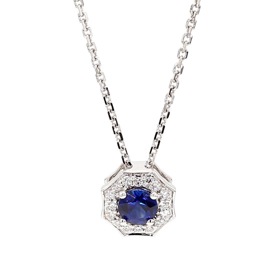 Natural Blue Round Sapphire and White Diamond 0.42 Carat TW Gold Drop Pendant