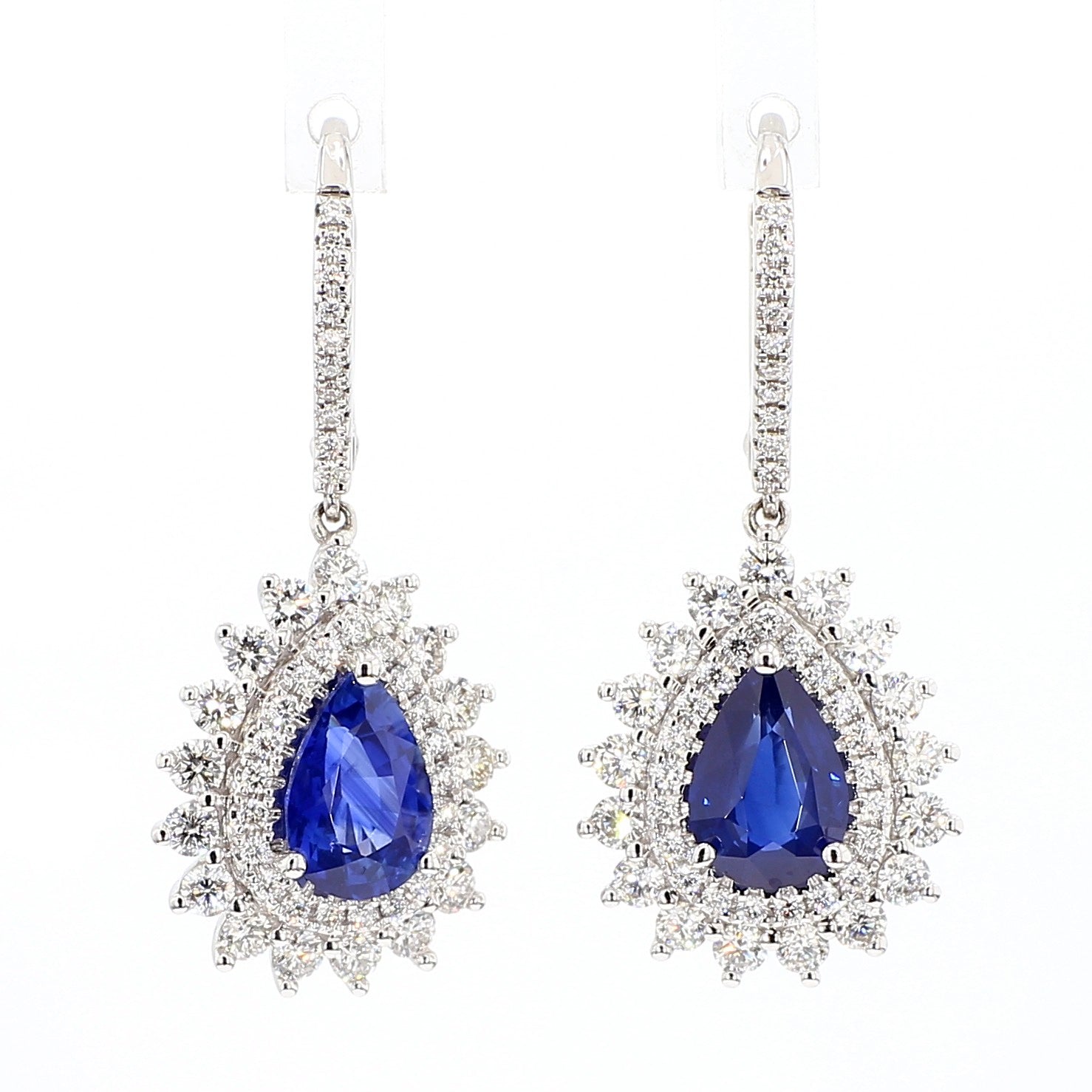 Natural Blue Pear Sapphire and White Diamond 4.40 Carat TW Gold Drop Earrings