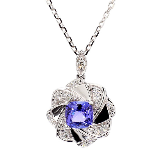 Natural Blue Cushion Tanzanite and White Diamond 1.21 Carat TW Gold Drop Pendant