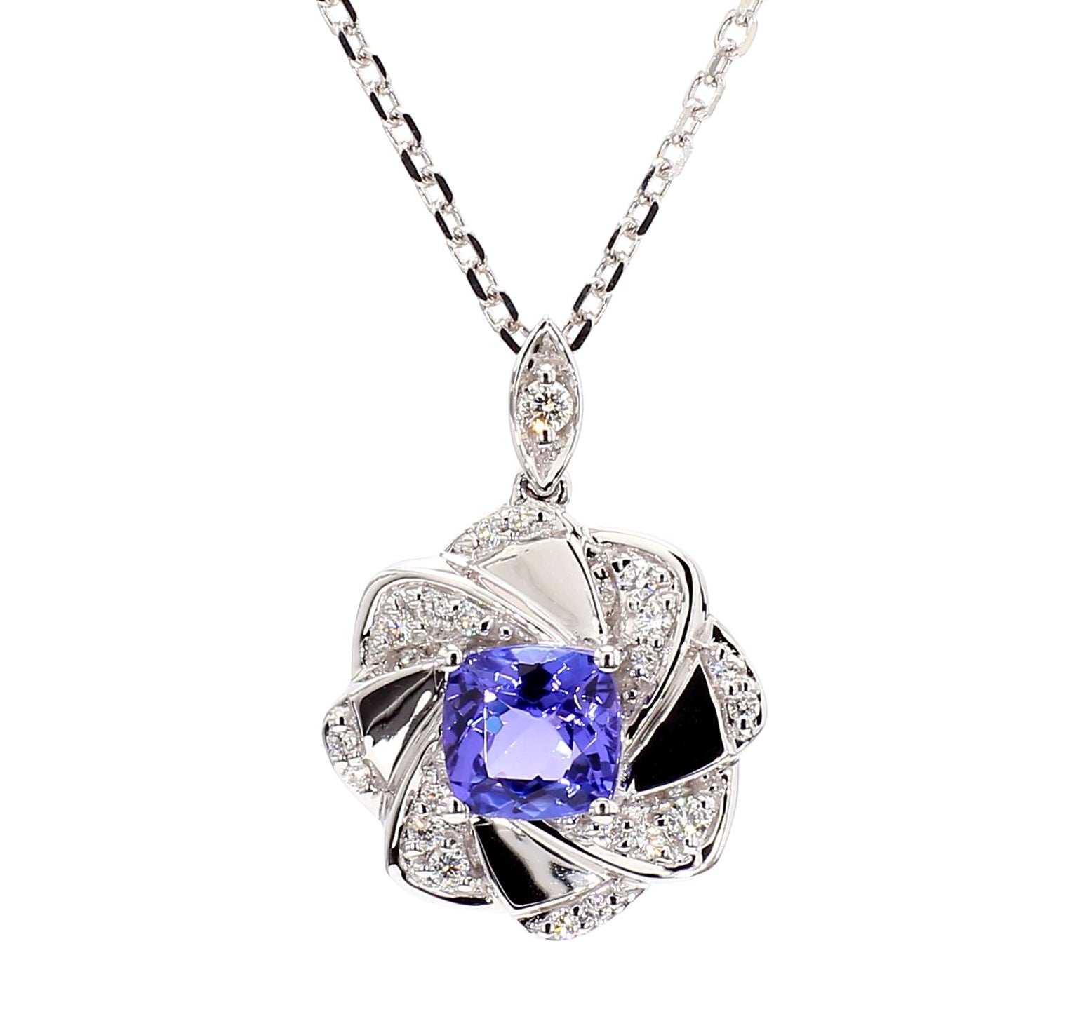 Natural Blue Cushion Tanzanite and White Diamond 1.21 Carat TW Gold Drop Pendant