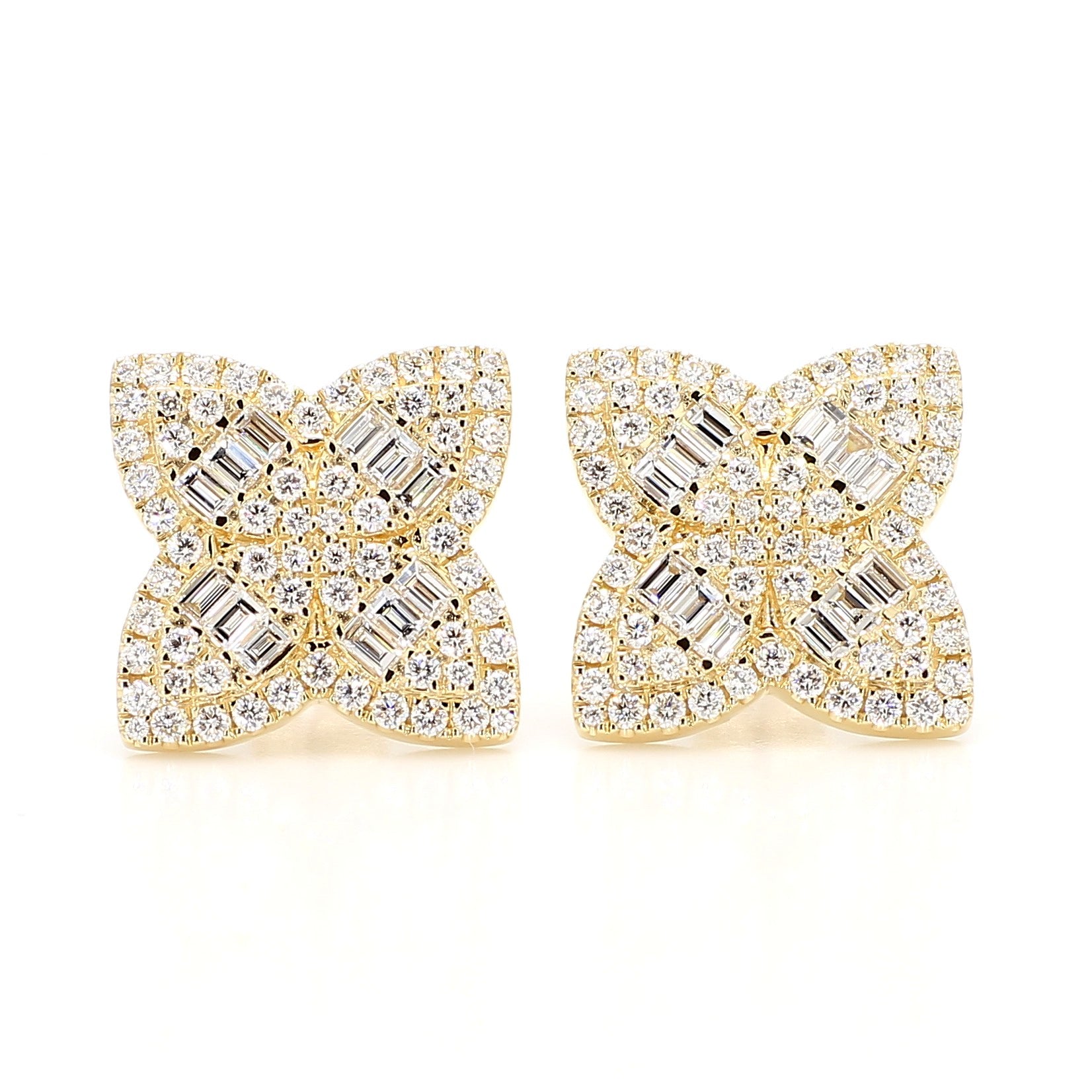 Natural White Baguette Diamond 1.81 Carat TW Yellow Gold Stud Earrings