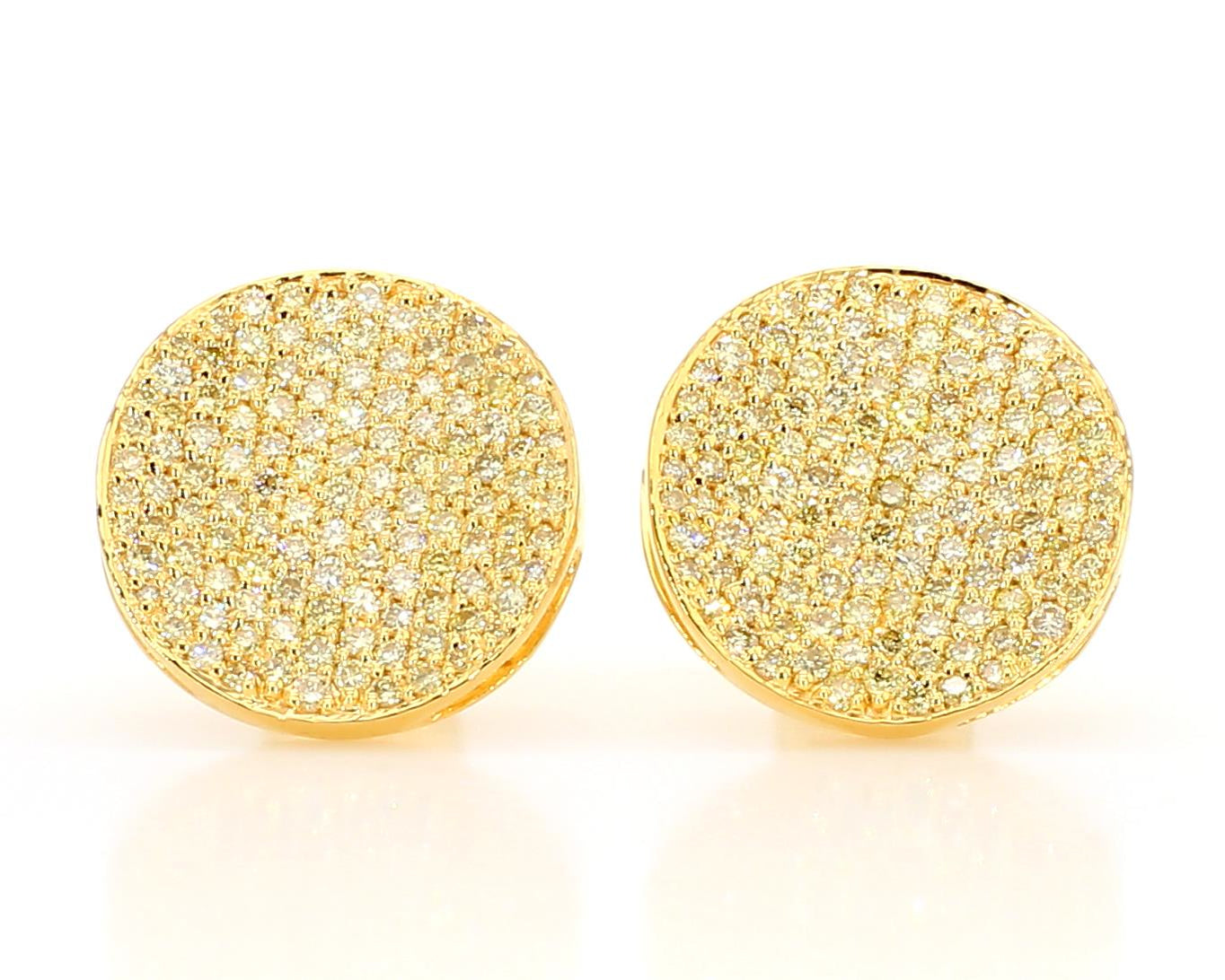 Natural Yellow Round Diamond 1.32 Carat TW Yellow Gold Stud Earrings