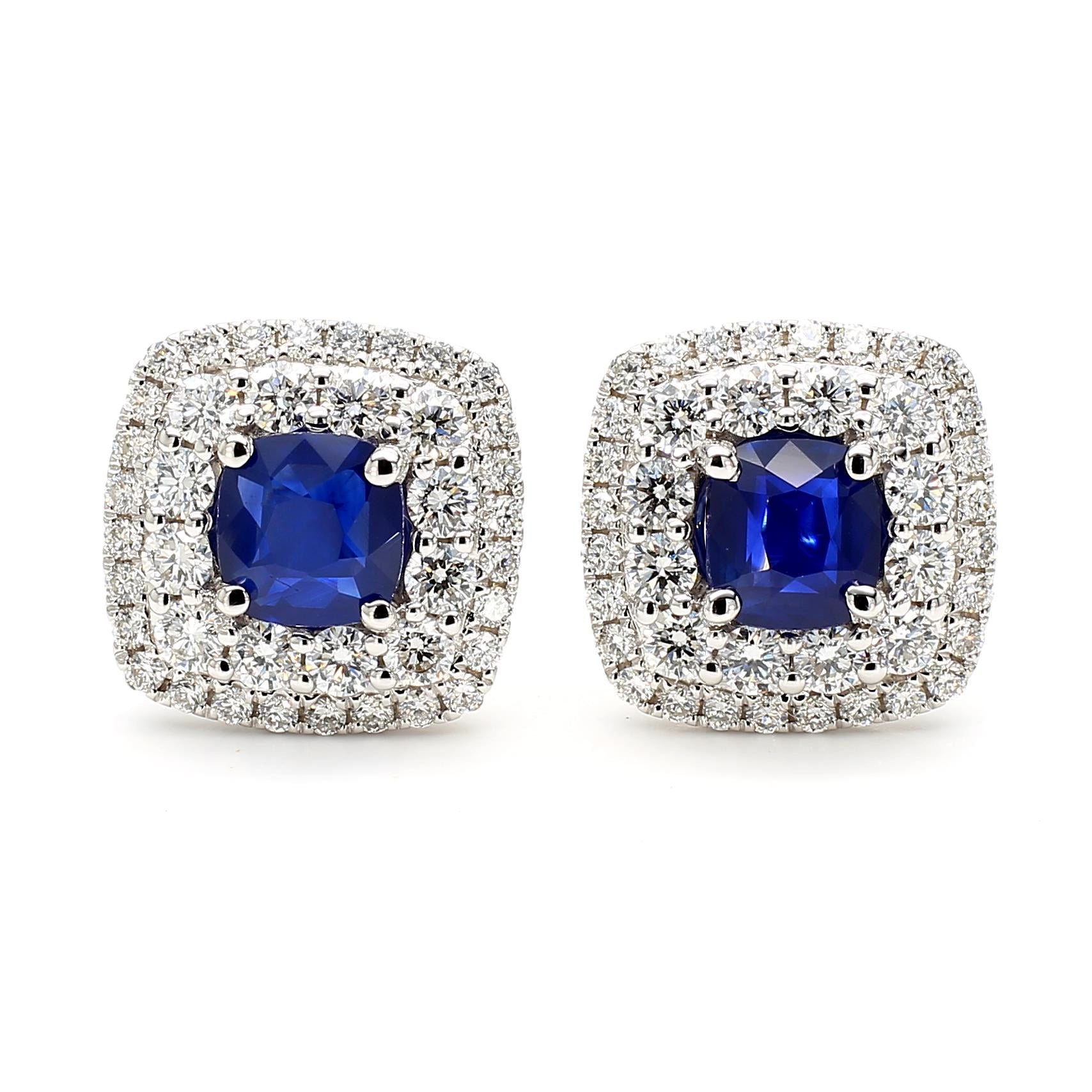 Natural Blue Cushion Sapphire and White Diamond 3.62 Carat TW Gold Stud Earrings