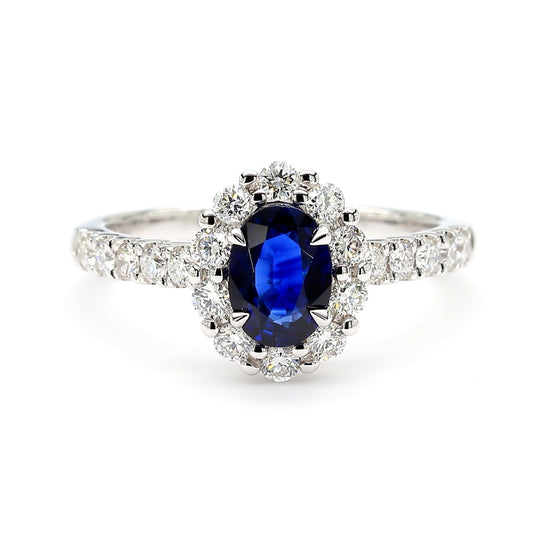 Natural Blue Oval Sapphire and White Diamond 1.59 Carat TW Gold Cocktail Ring