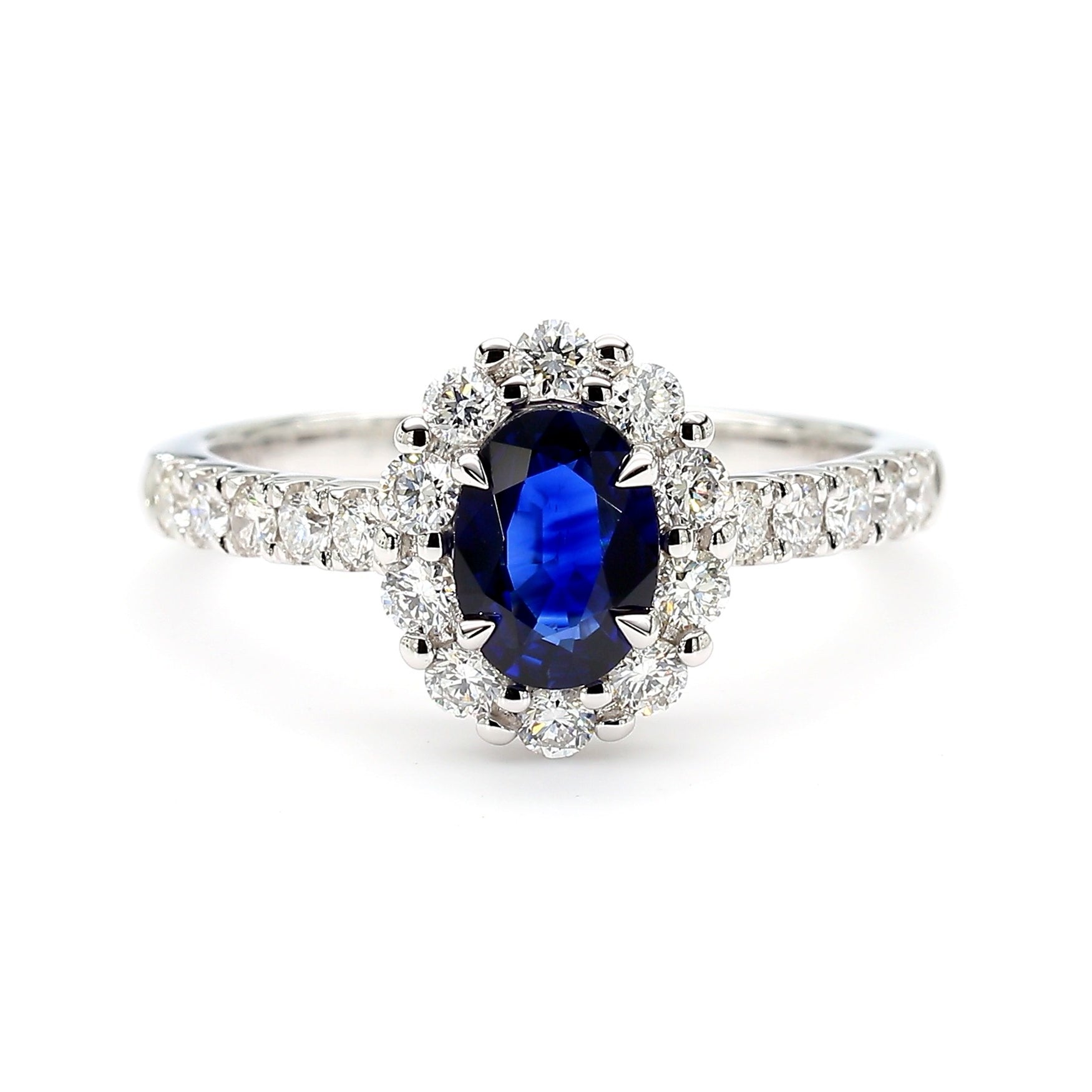 Natural Blue Oval Sapphire and White Diamond 1.59 Carat TW Gold Cocktail Ring