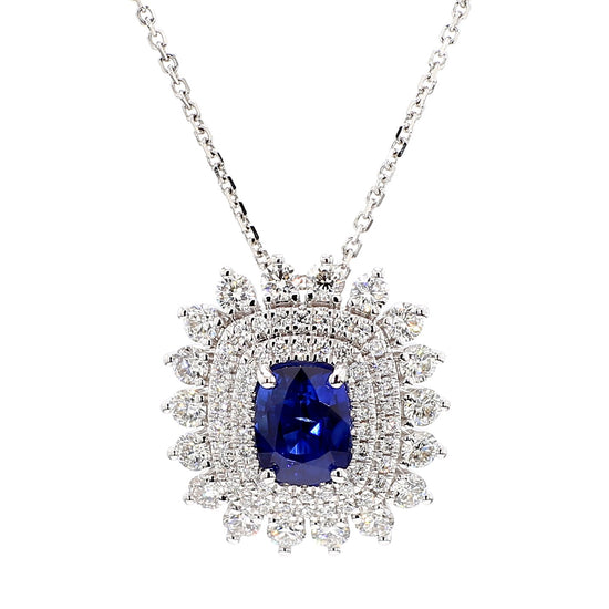 Natural Blue Cushion Sapphire and White Diamond 2.97 Carat TW Gold Drop Pendant