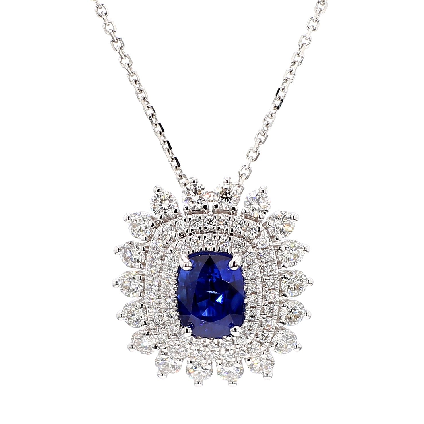 Natural Blue Cushion Sapphire and White Diamond 2.97 Carat TW Gold Drop Pendant