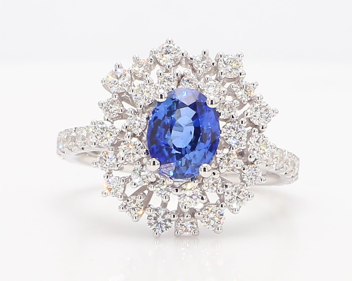 Natural Blue Oval Sapphire and White Diamond 2.86 Carat TW Gold Cocktail Ring