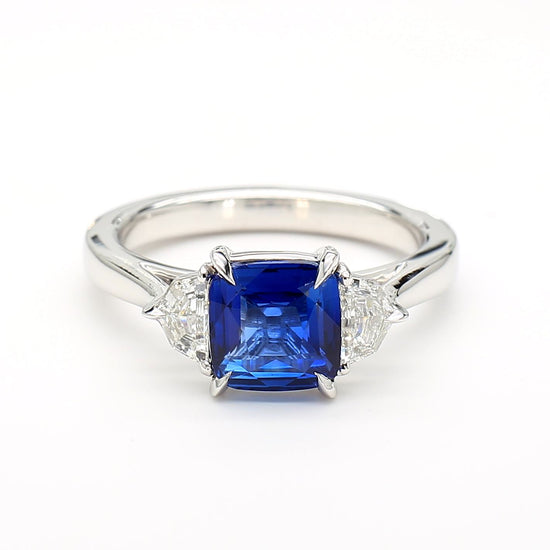 GIA Certified Blue Cushion Sapphire and White Diamond 2.40 Carat TW Gold Ring