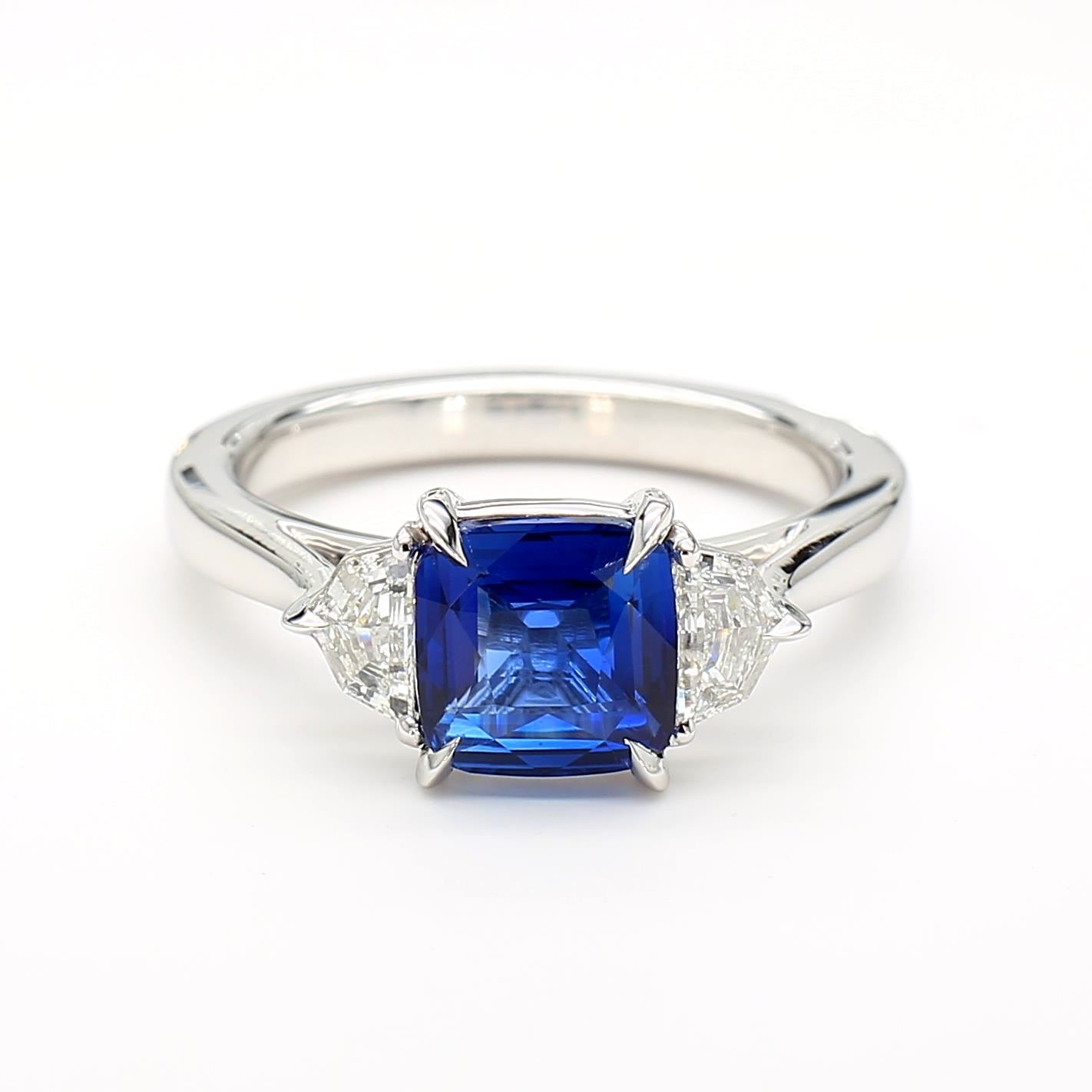 GIA Certified Blue Cushion Sapphire and White Diamond 2.40 Carat TW Gold Ring