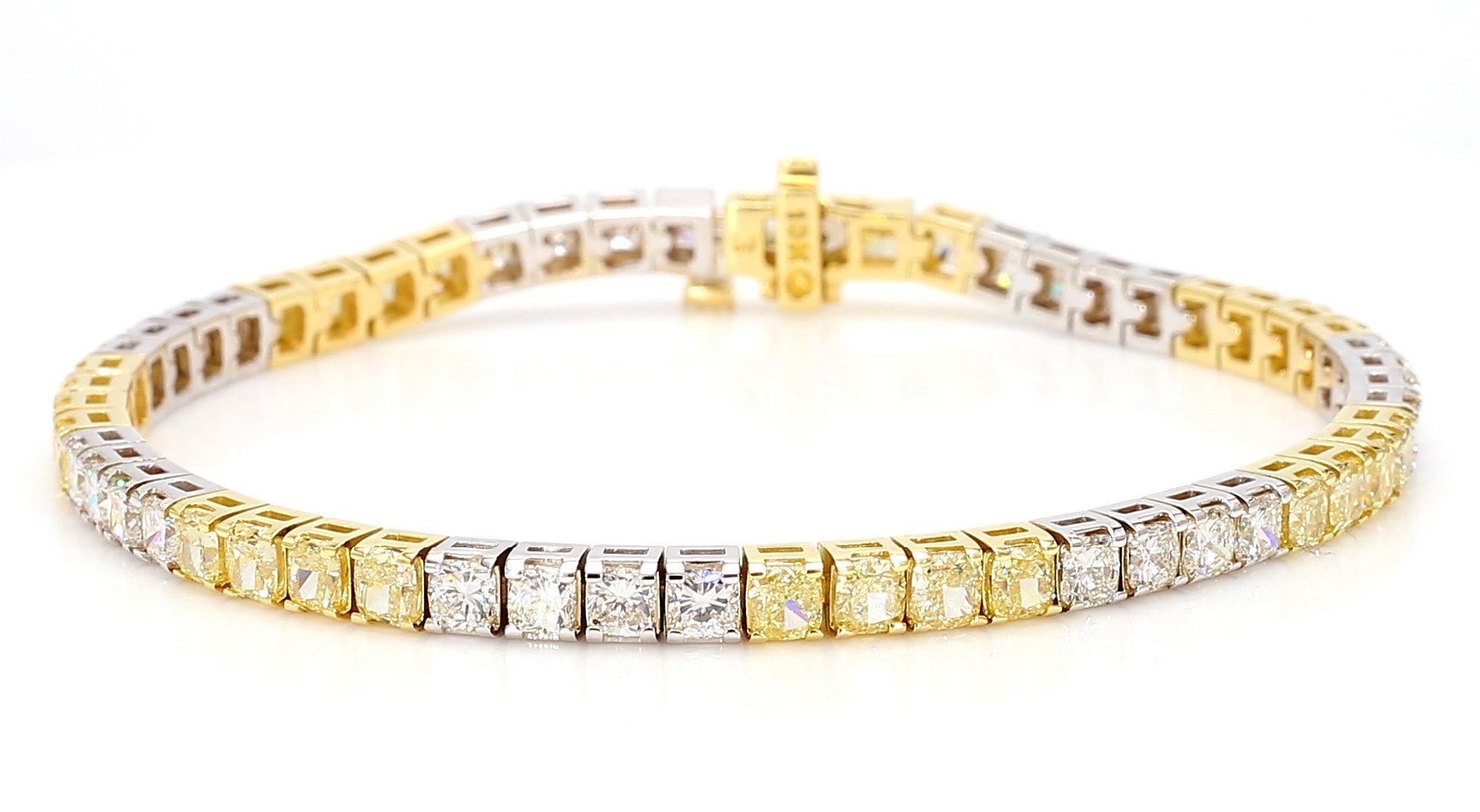 Natural Yellow Cushion and White Diamond 9.47 Carat TW Gold Tennis Bracelet