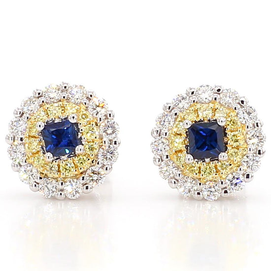 Natural Blue Princess Sapphire and Diamond 1.05 Carat TW Gold Stud Earrings