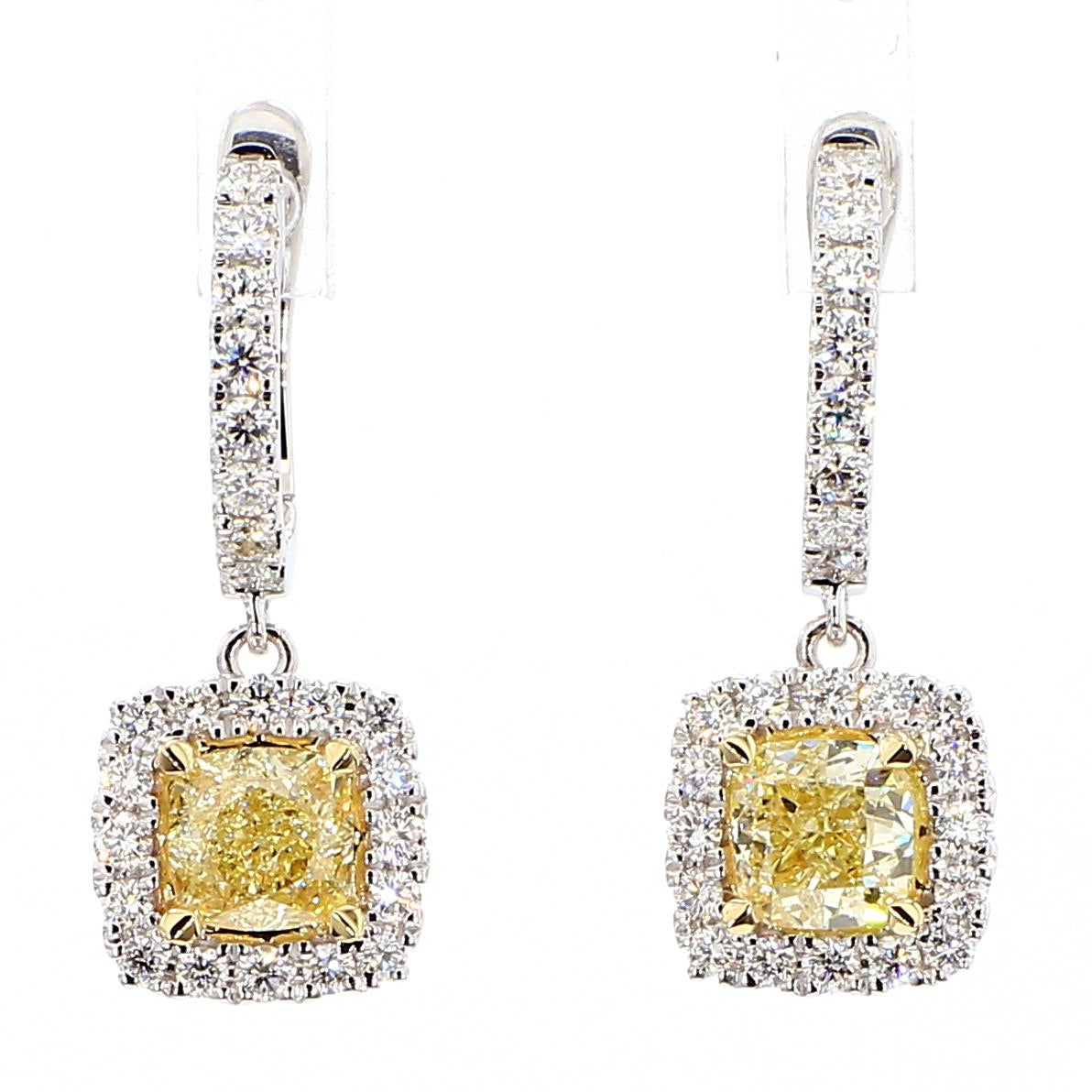 Natural Yellow Cushion Diamond 2.35 Carat TW Gold Drop Earrings