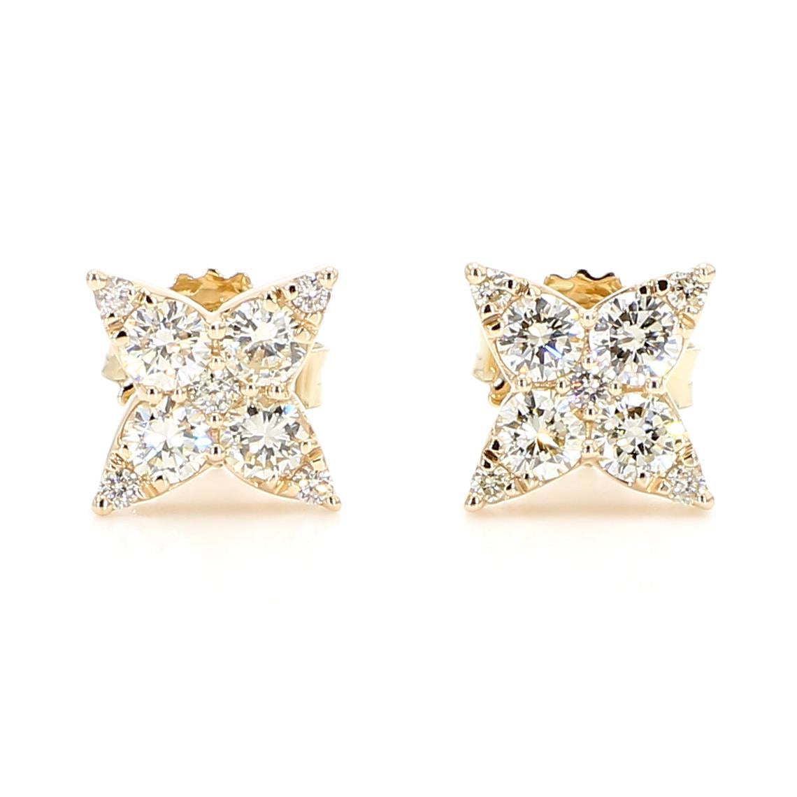 Natural White Round Diamond 0.87 Carat TW Yellow Gold Stud Earrings