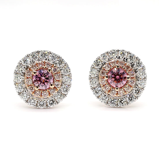 GIA Certified Intense Purplish Pink Round Diamond 0.90 Carat TW Gold Earrings