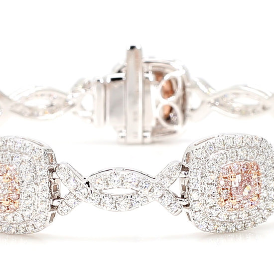 GIA Certified Natural Pink Cushion Diamond 4.59 Carat TW Gold Tennis Bracelet