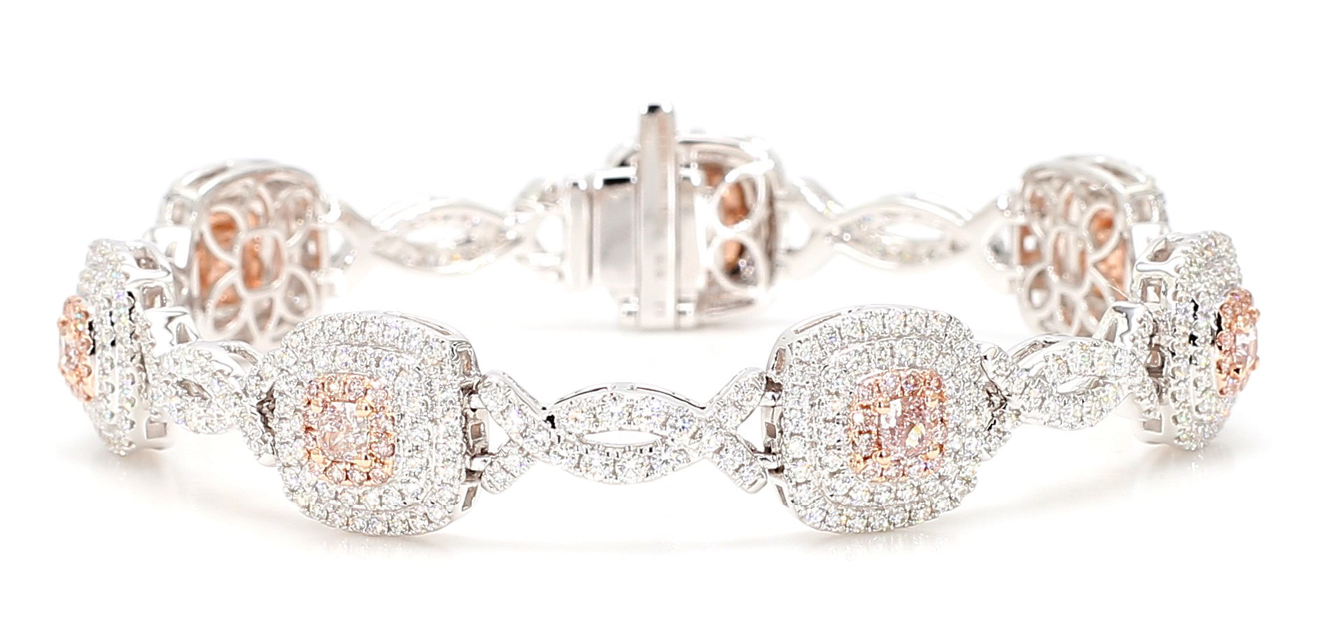 GIA Certified Natural Pink Cushion Diamond 4.59 Carat TW Gold Tennis Bracelet