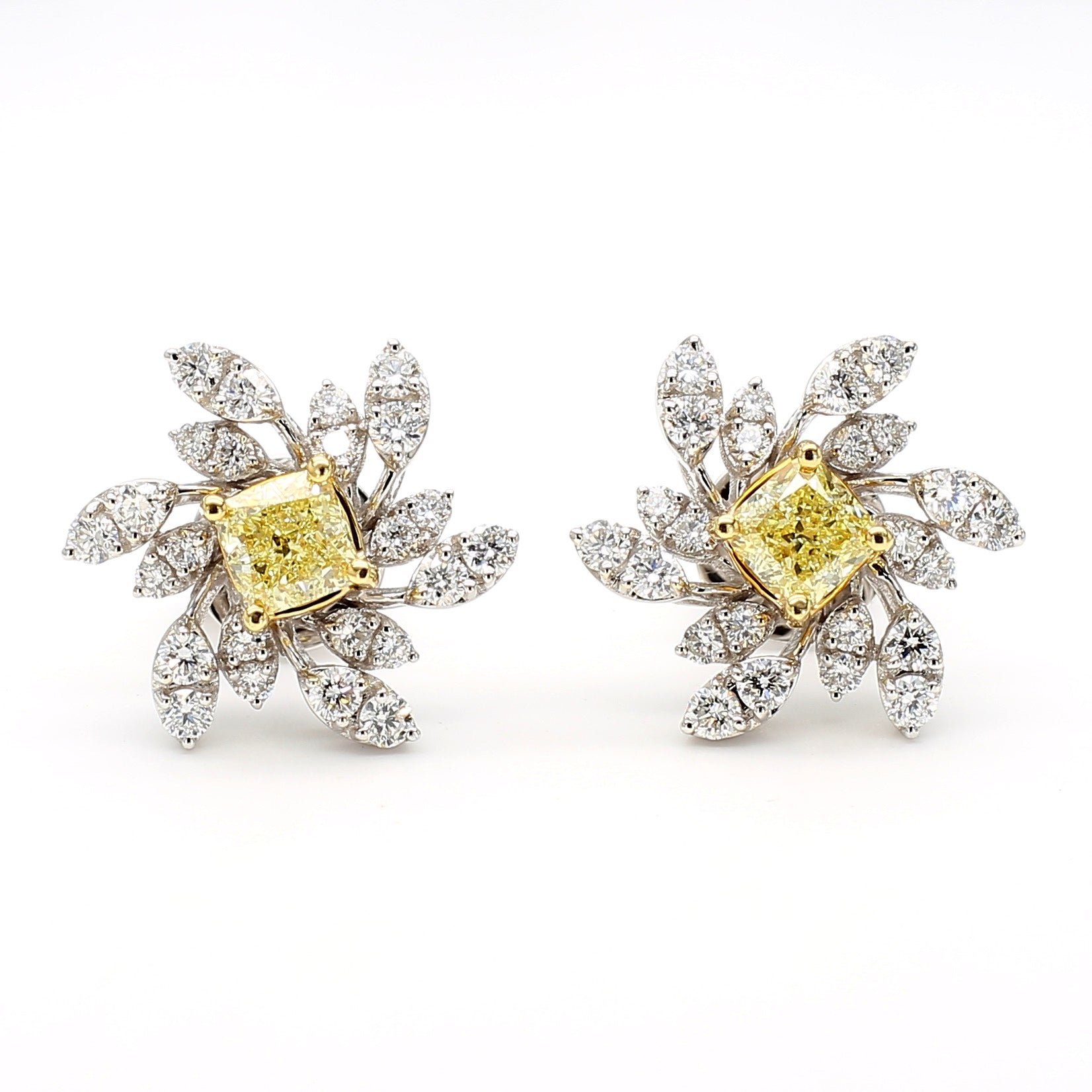 Natural Yellow Cushion Diamond 1.43 Carat TW Platinum Stud Earrings