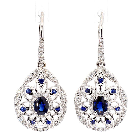 Natural Blue Oval Sapphire and White Diamond 1.67 Carat TW Gold Drop Earrings
