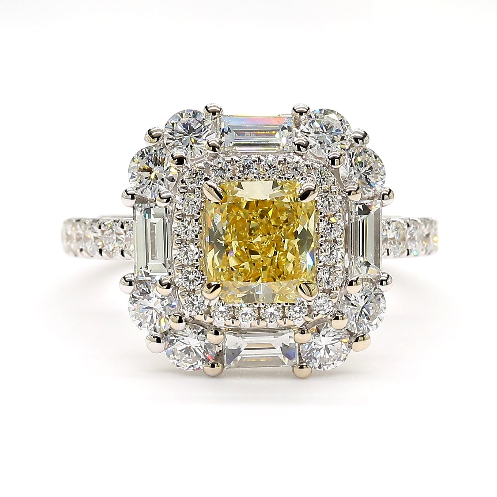 GIA Certified Intense Yellow Radiant Diamond 2.54 Carat TW Gold Cocktail Ring