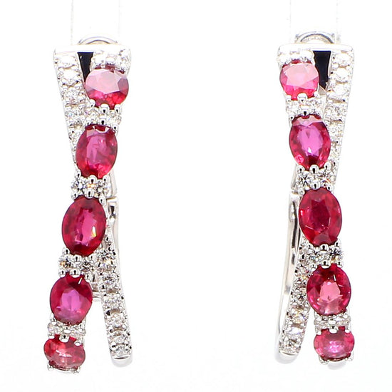 Natural Red Oval Ruby and White Diamond 3.20 Carat TW Gold Hoop Earrings