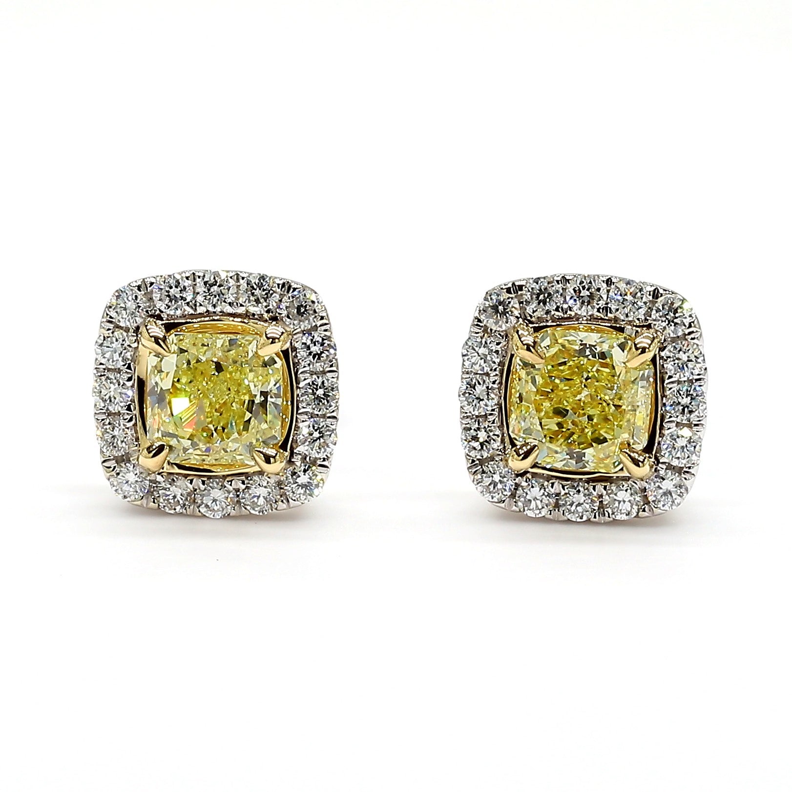 GIA Certified Fancy Yellow Radiant Diamond 1.40 Carat TW Gold Stud Earrings