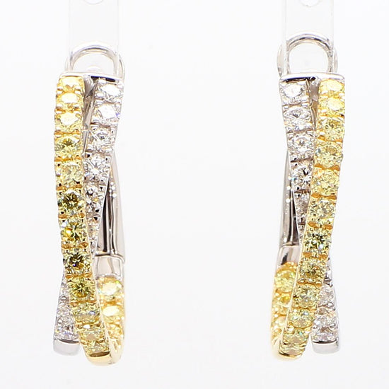 Natural Yellow Round and White Diamond 1.74 Carat TW Gold Hoop Earrings