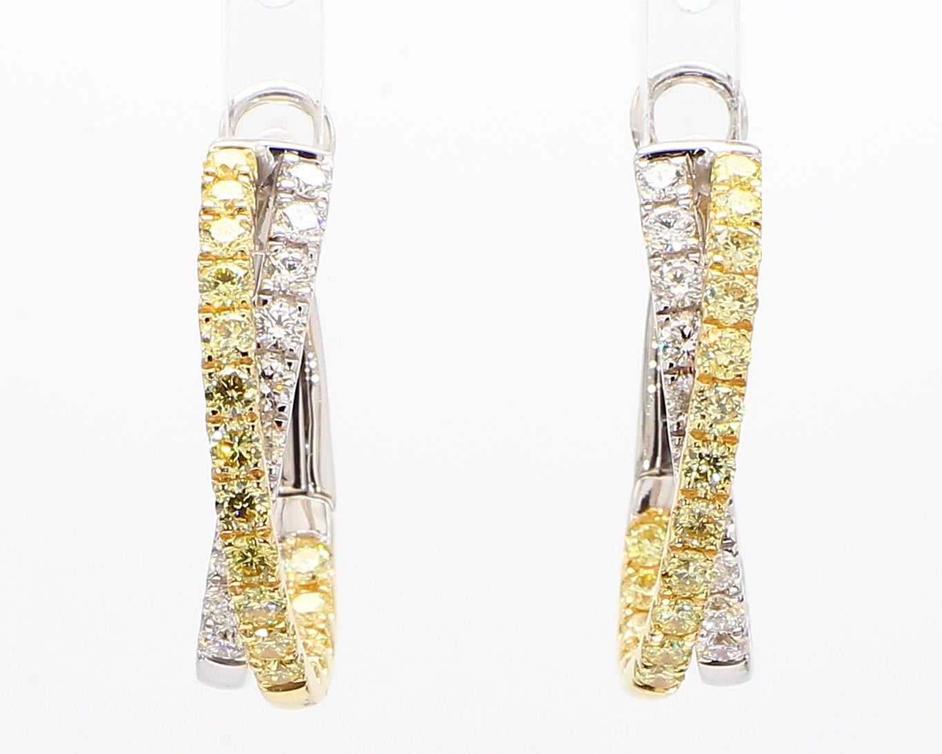 Natural Yellow Round and White Diamond 1.74 Carat TW Gold Hoop Earrings