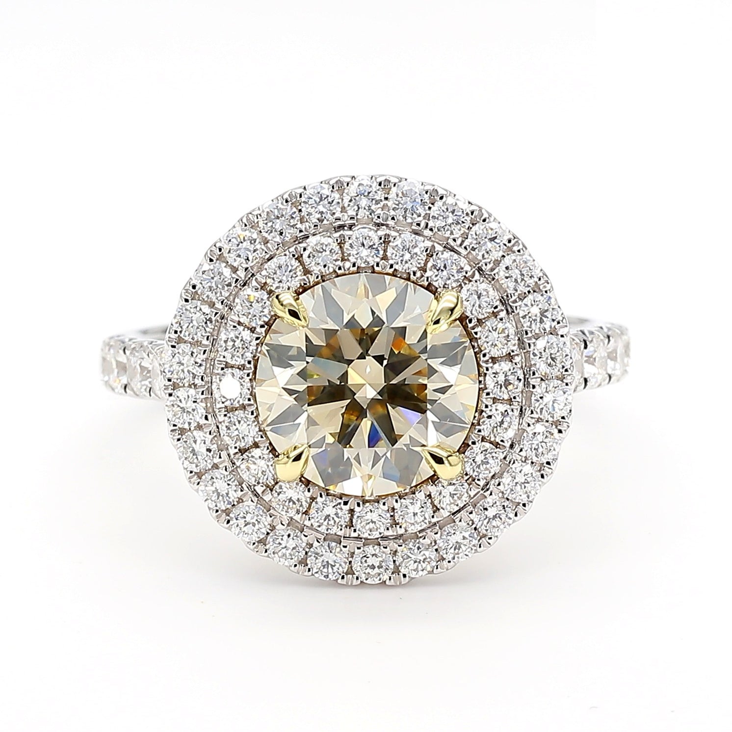 GIA Certified Very Light Yellow Round Diamond 3.15 Carat TW Gold Cocktail Ring