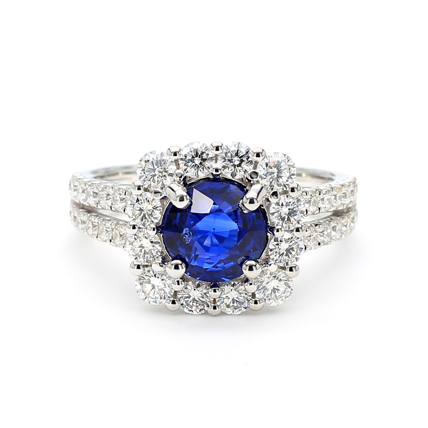 Natural Blue Round Sapphire and White Diamond 2.71 Carat TW White Gold Ring
