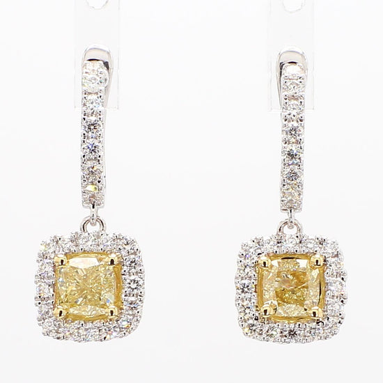 GIA Certified Natural Yellow Cushion Diamond 2.10 Carat TW Gold Drop Earrings