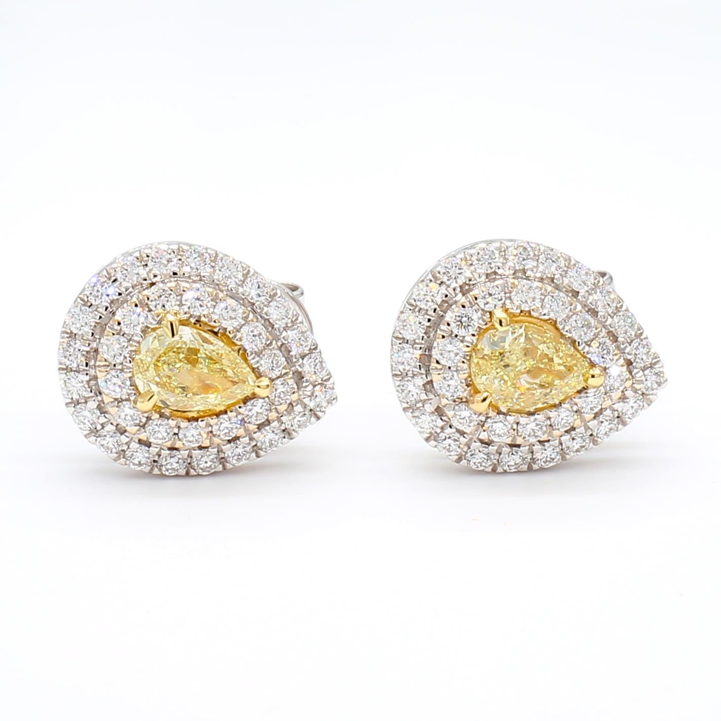 Natural Yellow Pear and White Diamond 1.14 Carat TW Gold Stud Earrings