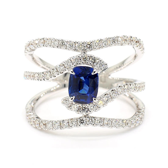 Natural Blue Cushion Sapphire and White Diamond 1.73 Carat TW Gold Cocktail Ring