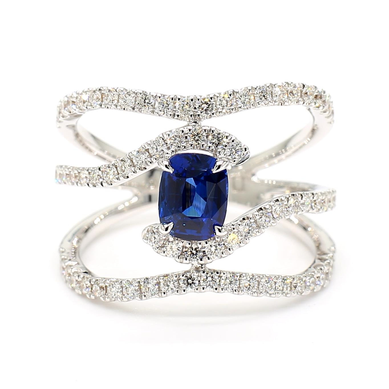 Natural Blue Cushion Sapphire and White Diamond 1.73 Carat TW Gold Cocktail Ring