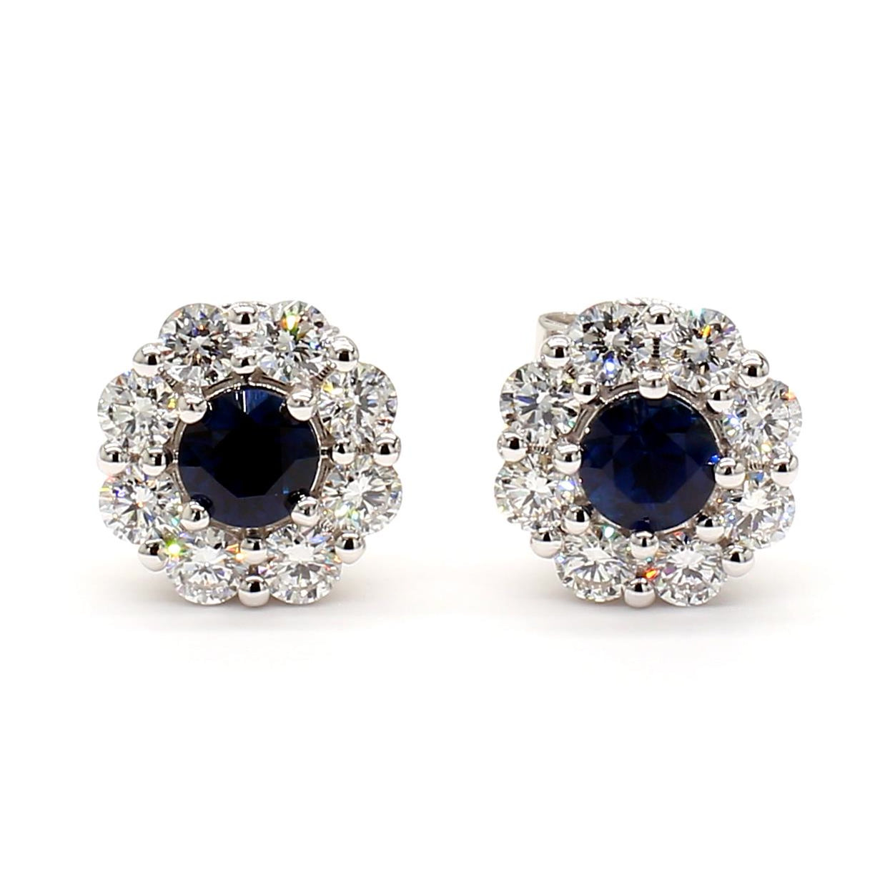 Natural Blue Round Sapphire and Diamond 1.73 Carat TW Gold Stud Earrings