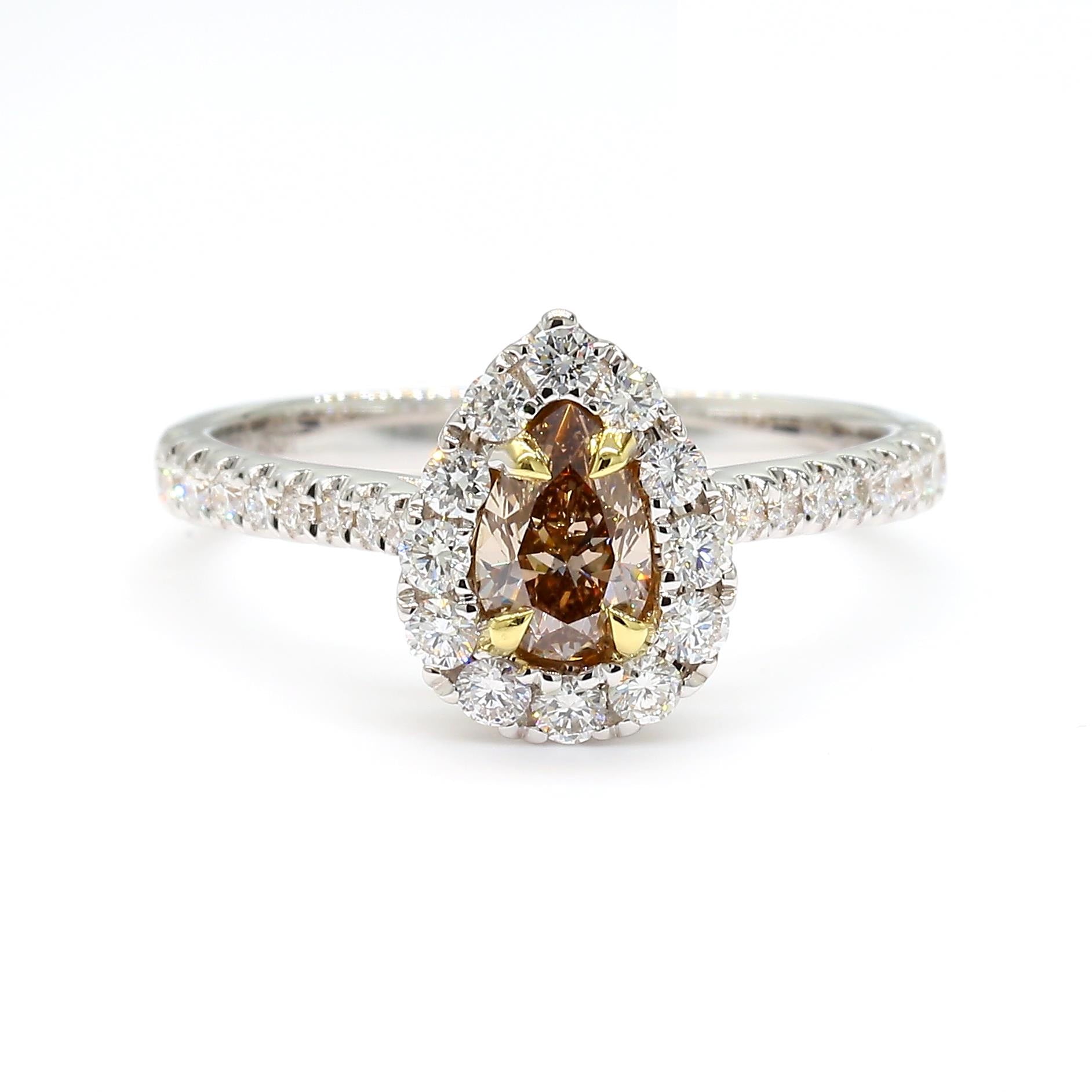 GIA Certified Natural Brown Pear Diamond 0.89 Carat TW Gold Cocktail Ring