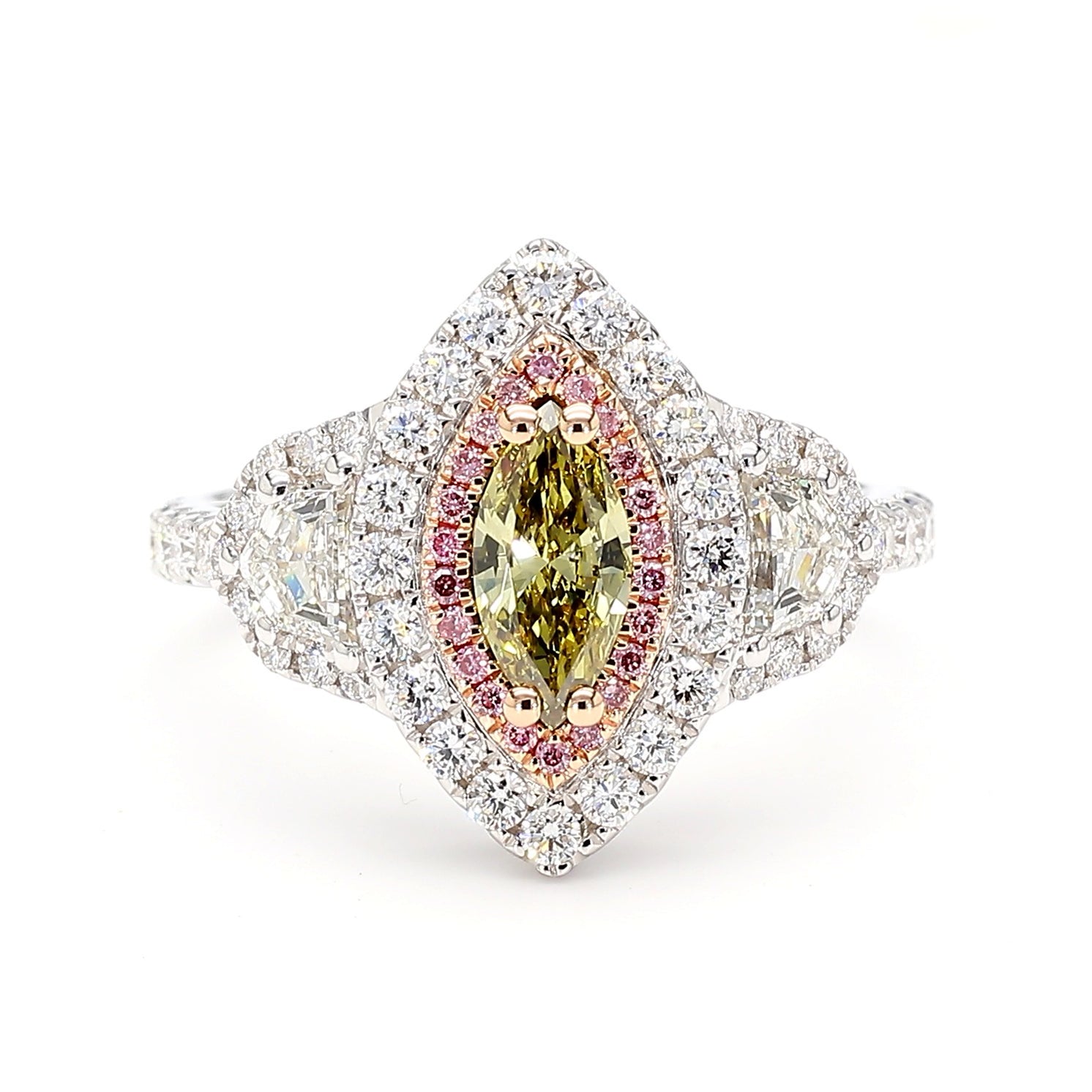 GIA Fancy Deep Brownish Greenish Yellow Marquise Diamond 1.60 Carat TW Gold Ring