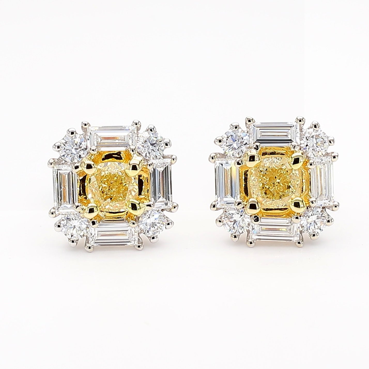 Natural Yellow Cushion Diamond 1.65 Carat TW Gold Stud Earrings