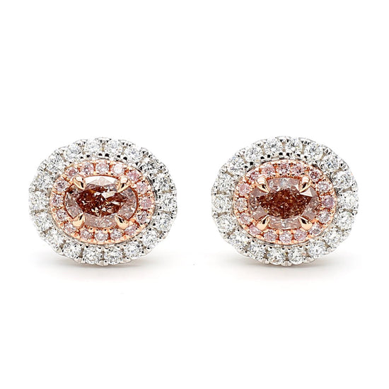 GIA Certified Fancy Pinkish Brown Oval Diamond 1.62 Carat TW Gold Stud Earrings