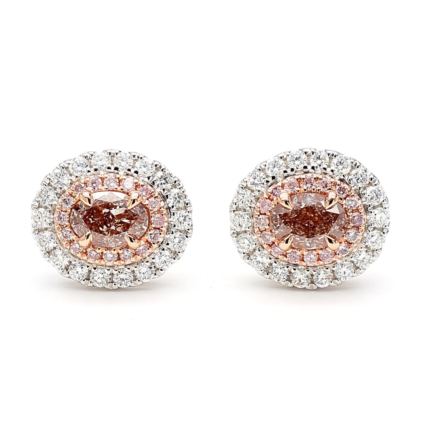 GIA Certified Fancy Pinkish Brown Oval Diamond 1.62 Carat TW Gold Stud Earrings