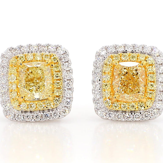 GIA Certified Natural Yellow Cushion Diamond 3.05 Carat TW Gold Stud Earrings