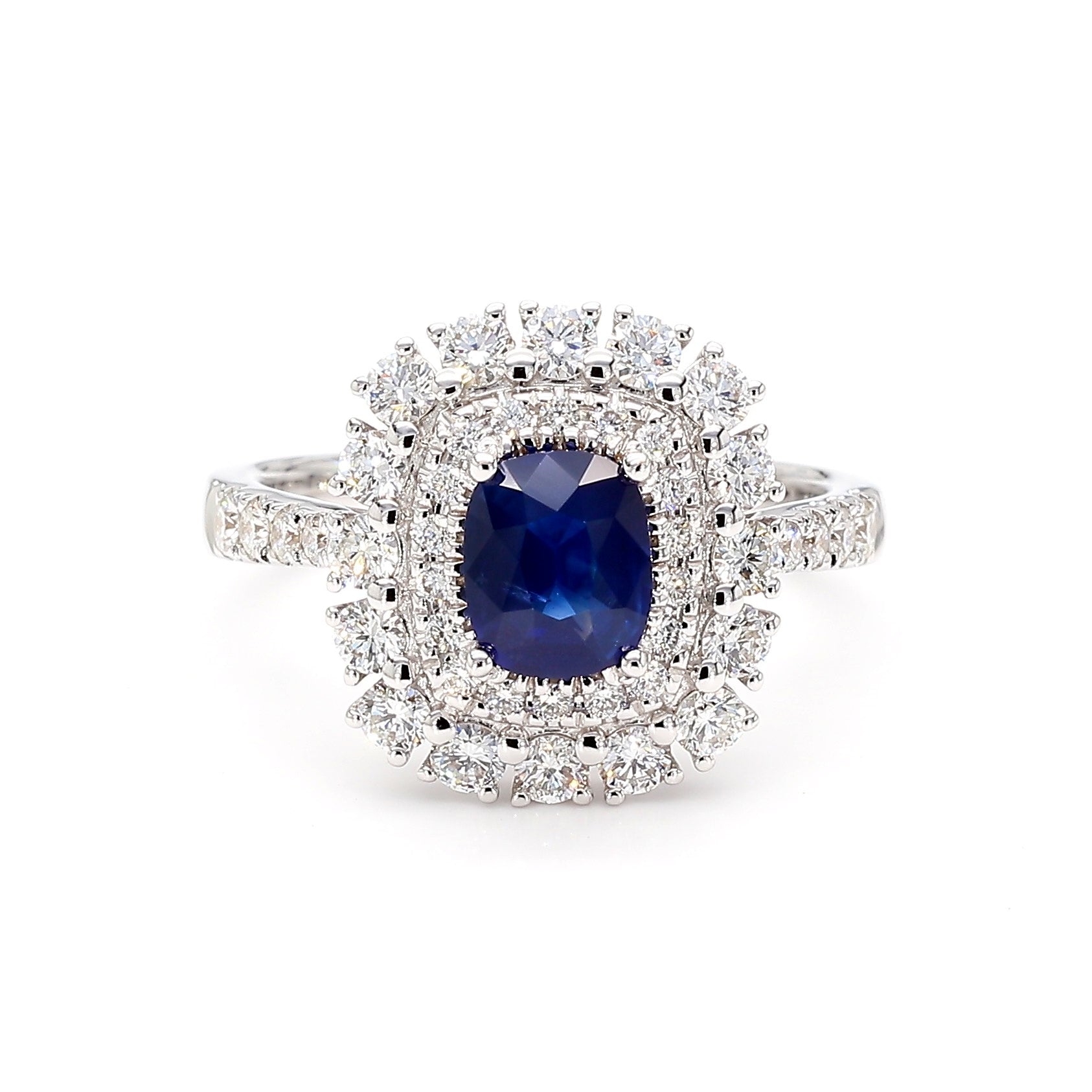 Natural Blue Cushion Sapphire and White Diamond 2.02 Carat TW Gold Cocktail Ring