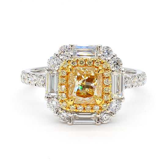 GIA Certified Natural Yellow Cushion Diamond 2.02 Carat TW Gold Cocktail Ring