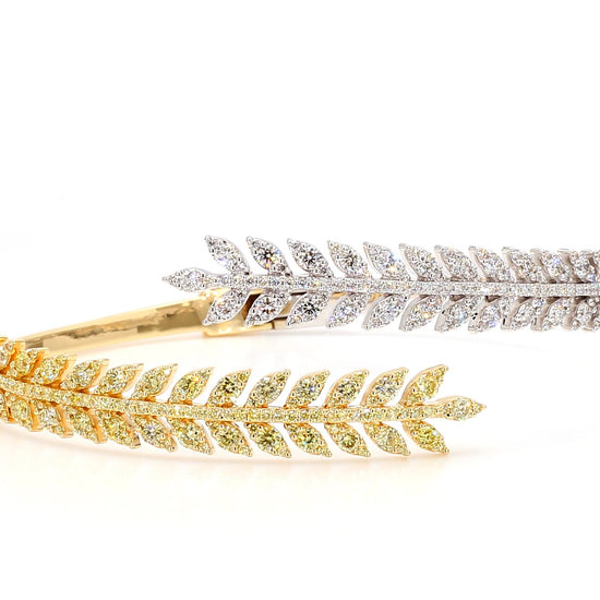 Natural Yellow Round and White Diamond 3.20 Carat TW Gold Cuff Bracelet