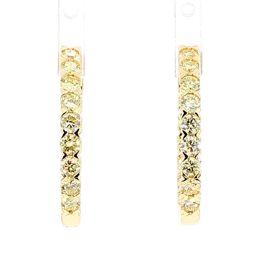 Natural Yellow Round Diamond 2.17 Carat TW Yellow Gold Hoop Earrings