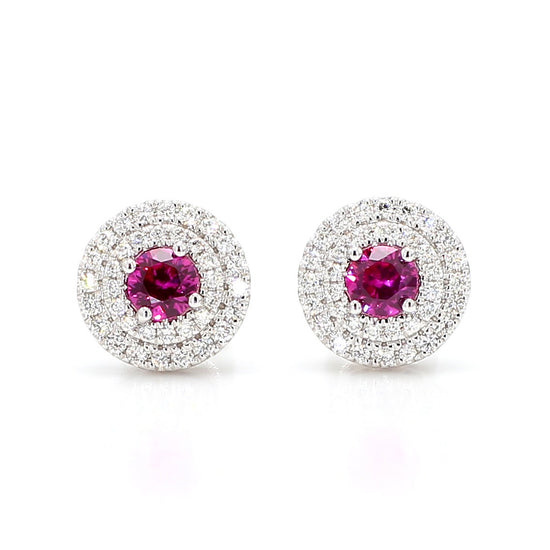 Natural Red Round Ruby and White Diamond 1.02 Carat TW White Gold Stud Earrings