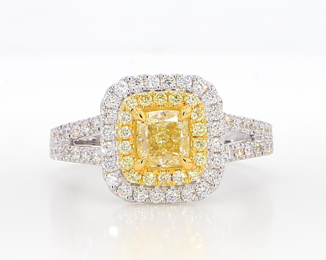 GIA Certified Natural Yellow Cushion Diamond 1.42 Carat TW Gold Cocktail Ring